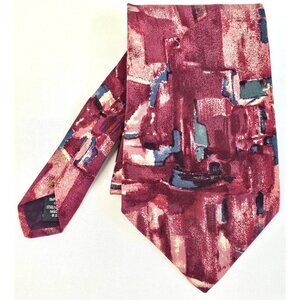 Vtg John Henry Abstract Design Tie Burgundy Multicolor 100% Italian Silk USA
